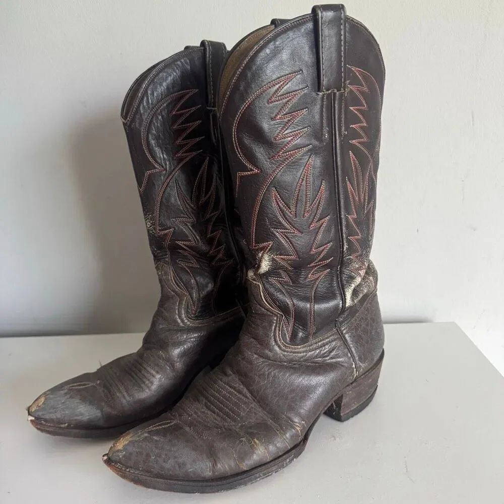 Vintage Well Loved Cowtown Brown Leather Distressed Western Cowboy Boots